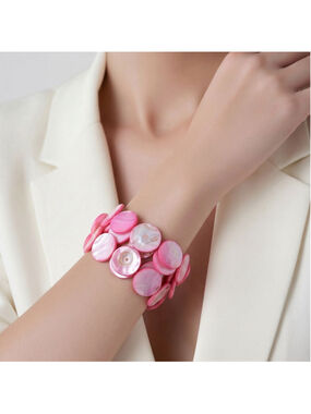 Pink Mother of Pearl Shell Disc Stretch Bracelets Set of Three Pale Hot Pink